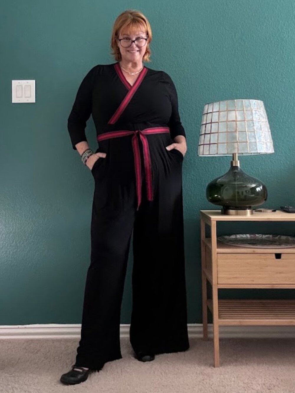 Boden Jessica Jersey Wide Leg Jumpsuit Black Burgundy Ribbon Trim 16R